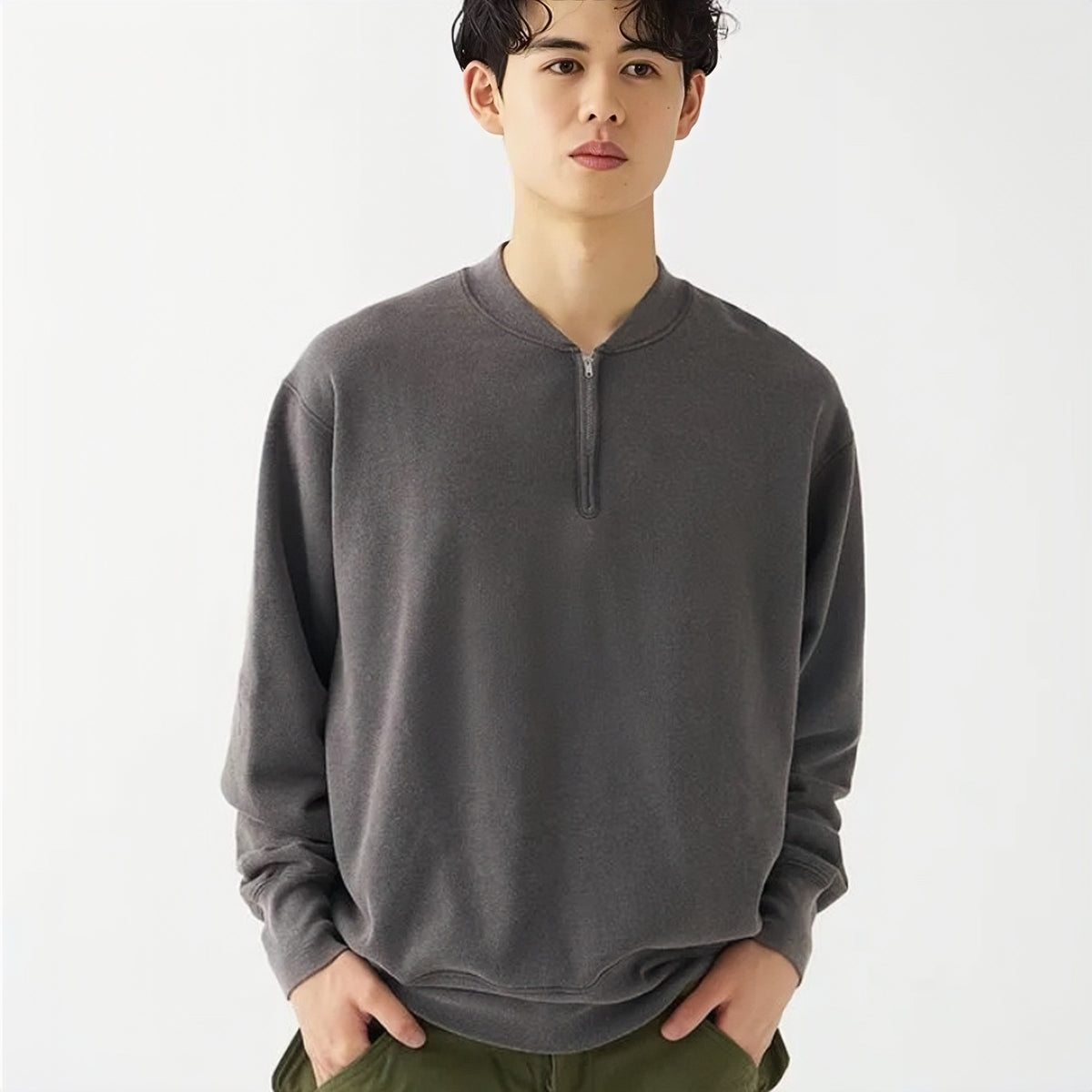 Healthknit - Half-Zip Crew Neck Classic Sweatshirt (Black Vintage Finsh)