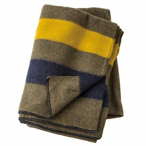 BasShu - Vintage Style Wool Blanket - Khaki x Navy